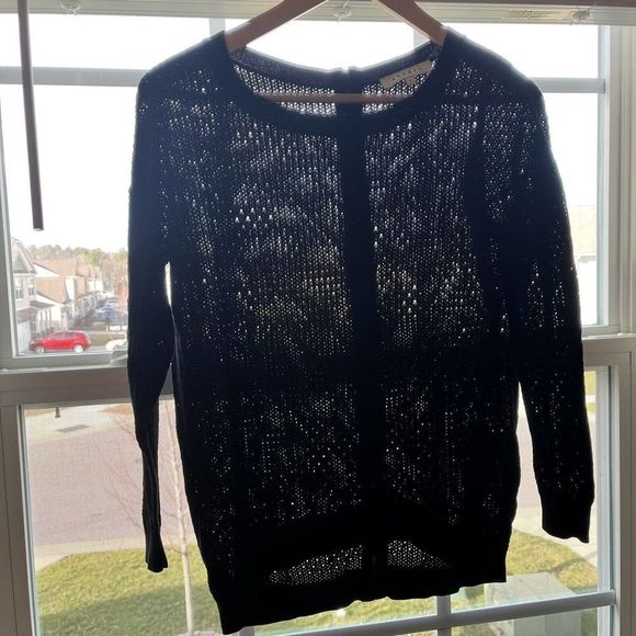 Sandro Womens Sweater Back Zip Scoop‎ Neck Open Knit Black Cotton Size 1 Paris - Picture 4 of 10